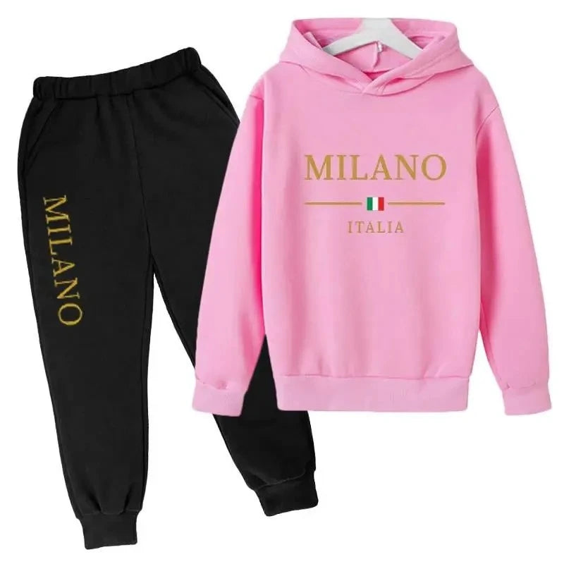 Sudadera con capucha y pantalones con estampado de letras de marca de moda, conjunto deportivo de 2 piezas para niños y niñas, ropa informal, conjunto infantil