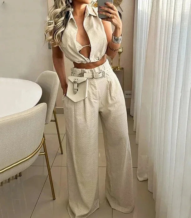 Conjunto de pantalones de 2 piezas para mujer, Top corto sin mangas con cuello en V y solapa lisa + pantalones informales de pierna ancha con bolsillo de cintura alta, ropa de calle