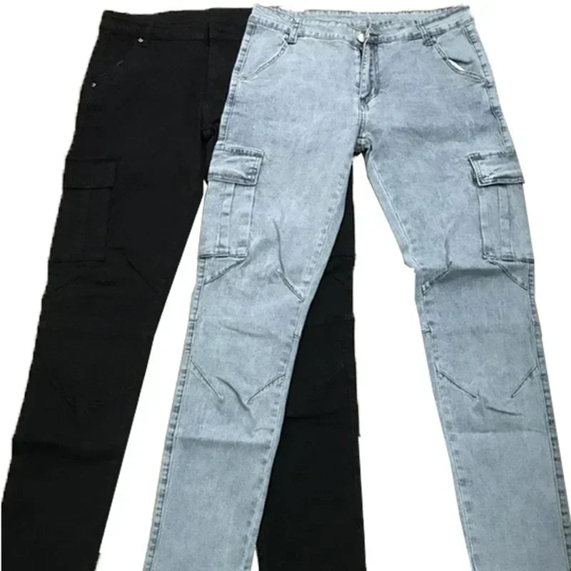 Pantalones vaqueros de tubo informales para hombre, elásticos, con múltiples bolsillos, pequeños, ajustados, de calle, vaqueros Cargo de cintura media de Color sólido