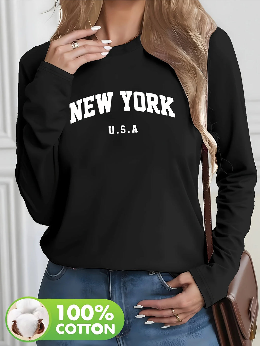 Camiseta de manga larga extragrande de Nueva York 100% algodón para mujer con estampado gráfico Top informal Ajuste cómodo para todas las estaciones para uso informal