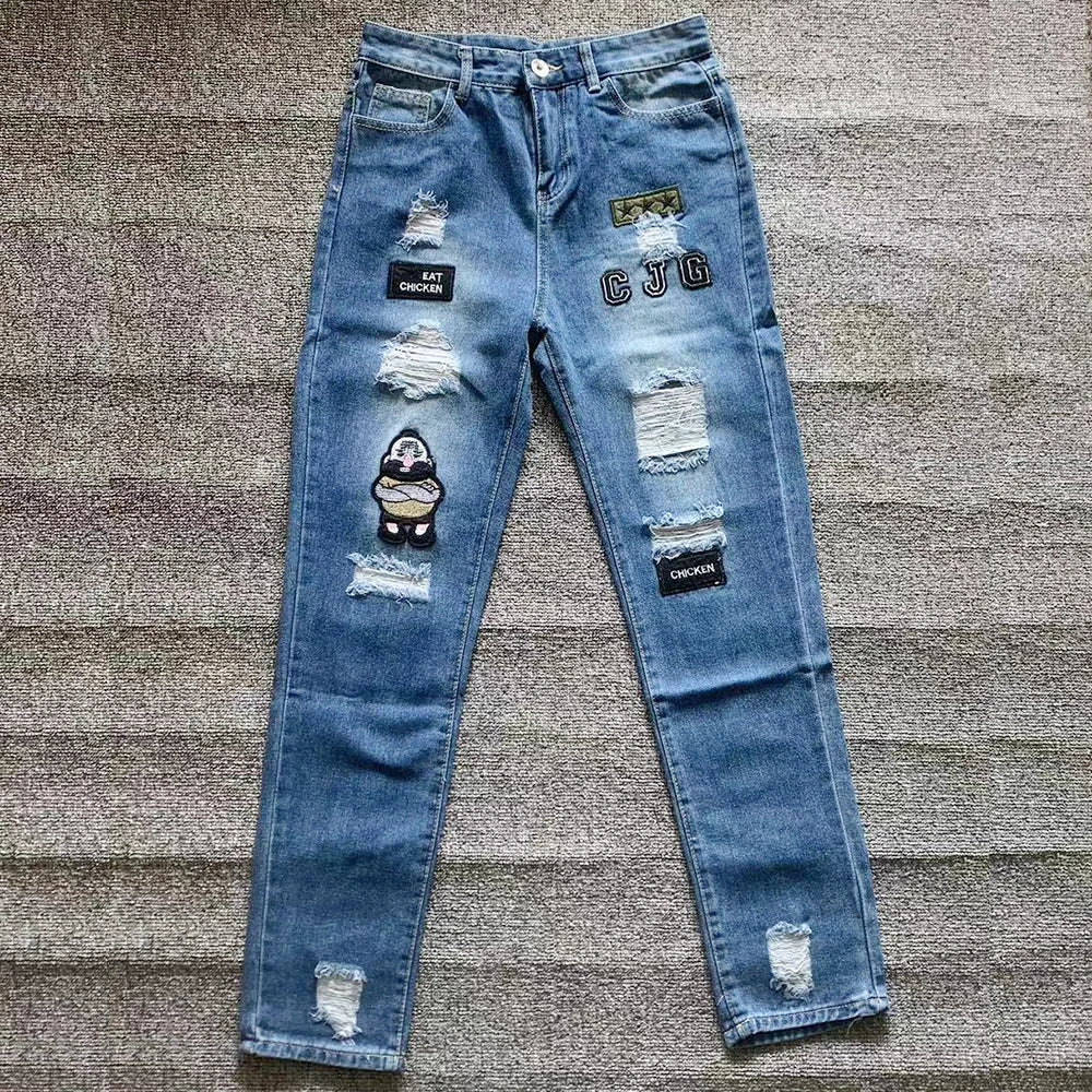 Pantalones Vaqueros Rasgados Hombre Bordado Blanco - Hip Hop