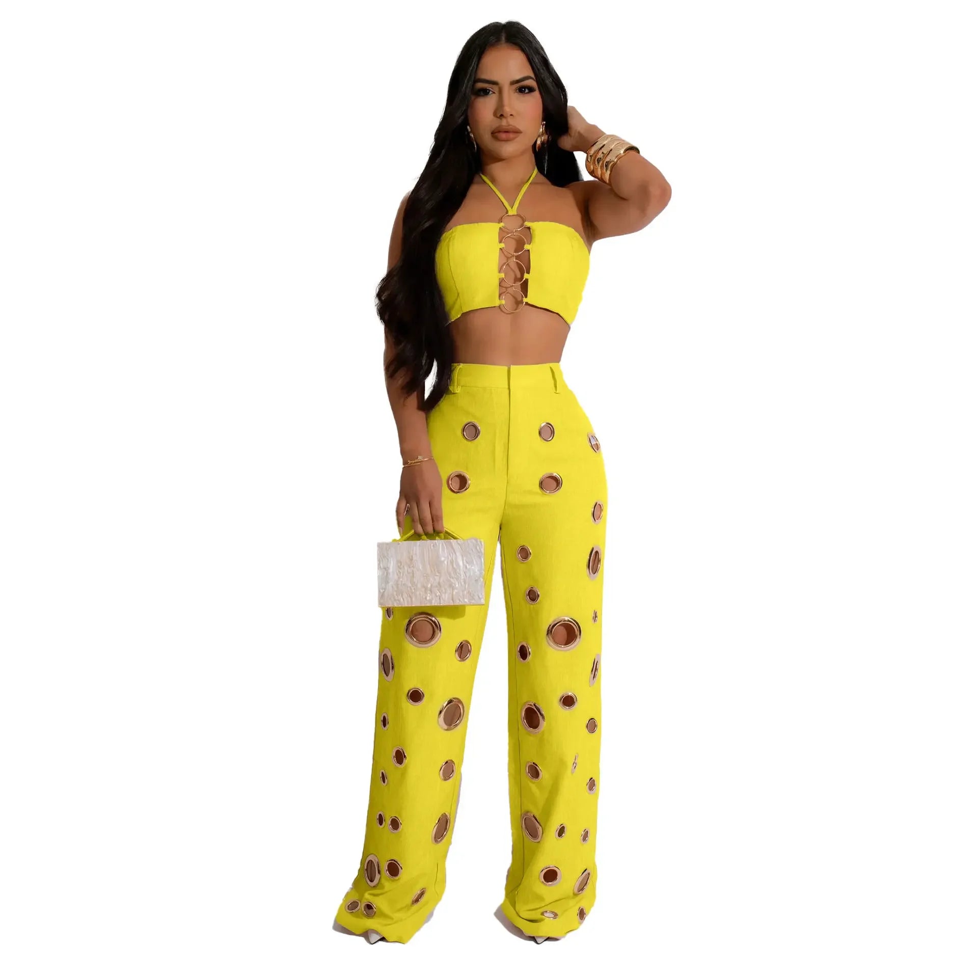 CM.YAYA-Conjunto de dos piezas para mujer, Top sin mangas y pantalones de pierna ancha, traje calado con agujeros, chándal de calle Sexy de verano