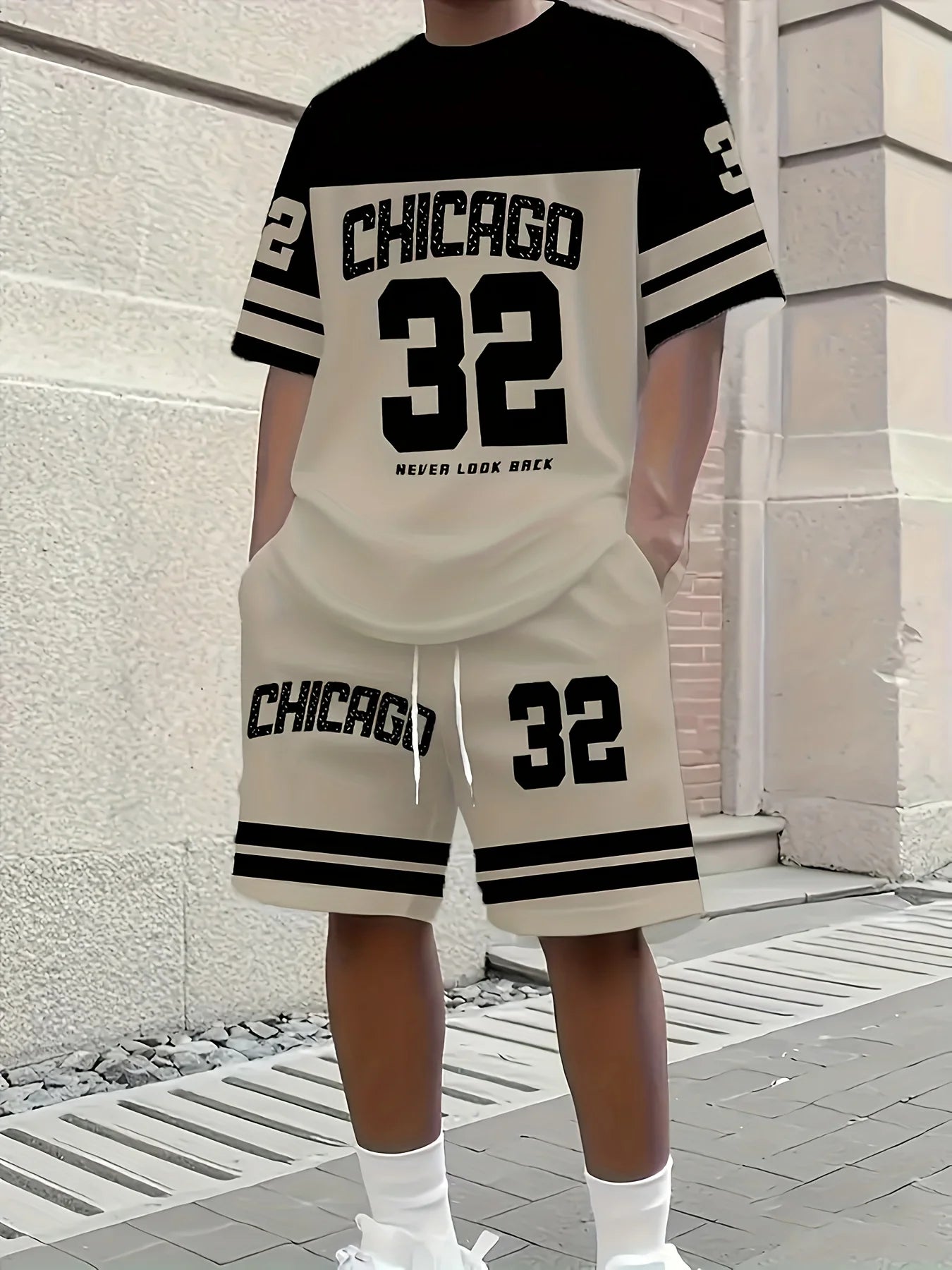 Conjunto relajado con temática Chicago de verano para hombre, conjunto de camiseta y pantalones cortos estampados talla 32, conjunto deportivo informal de dos piezas de talla grande para adultos