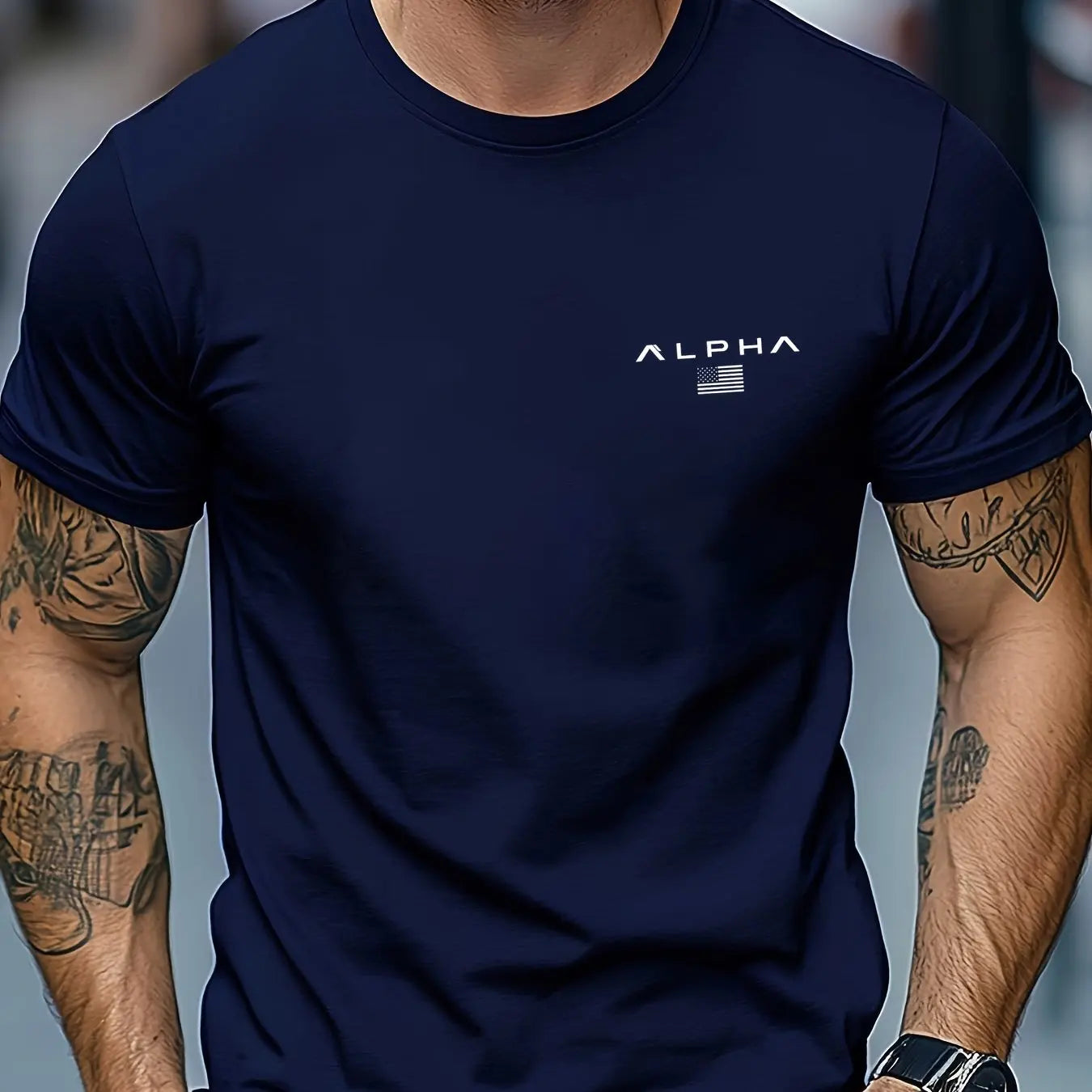 Camiseta de manga corta con cuello redondo y estampado de patrón ALPHA para hombre, 100% de algodón, informal, a la moda, deportiva, holgada, de verano