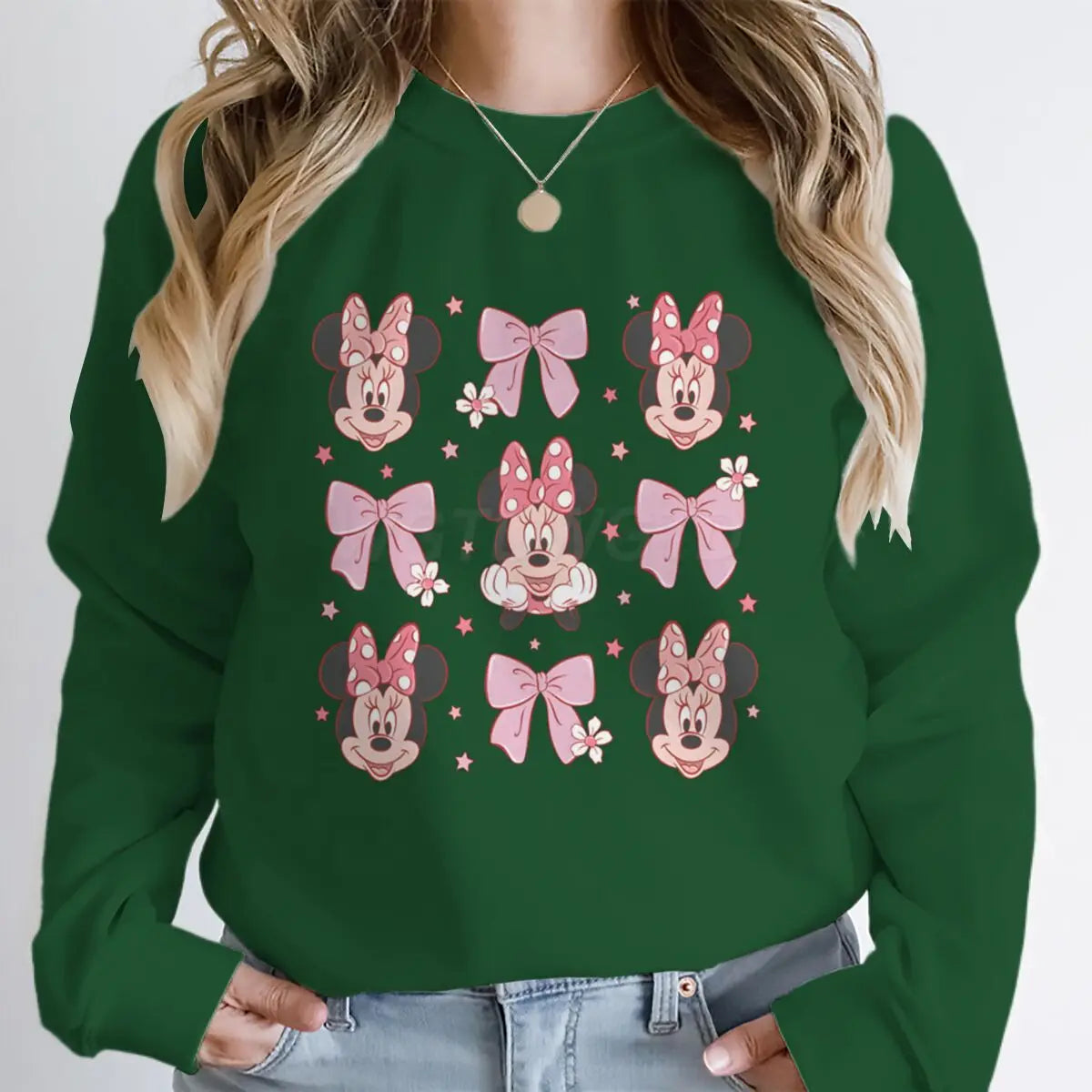 Sudaderas con capucha y lazo de Minnie rosa para mujer, ropa de dibujos animados Kawaii, jerséis de manga larga con cuello redondo de Minnie Mouse