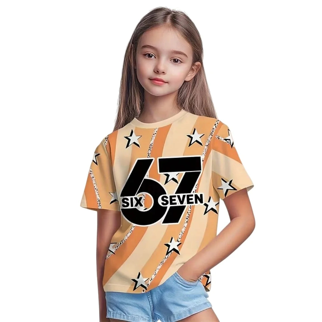 Nueva camiseta 67 Meme para niños y niñas, camisetas de manga corta con estampado 3D de tinta salpicada a la moda para niñas, Top de cuello redondo, ropa holgada para niños