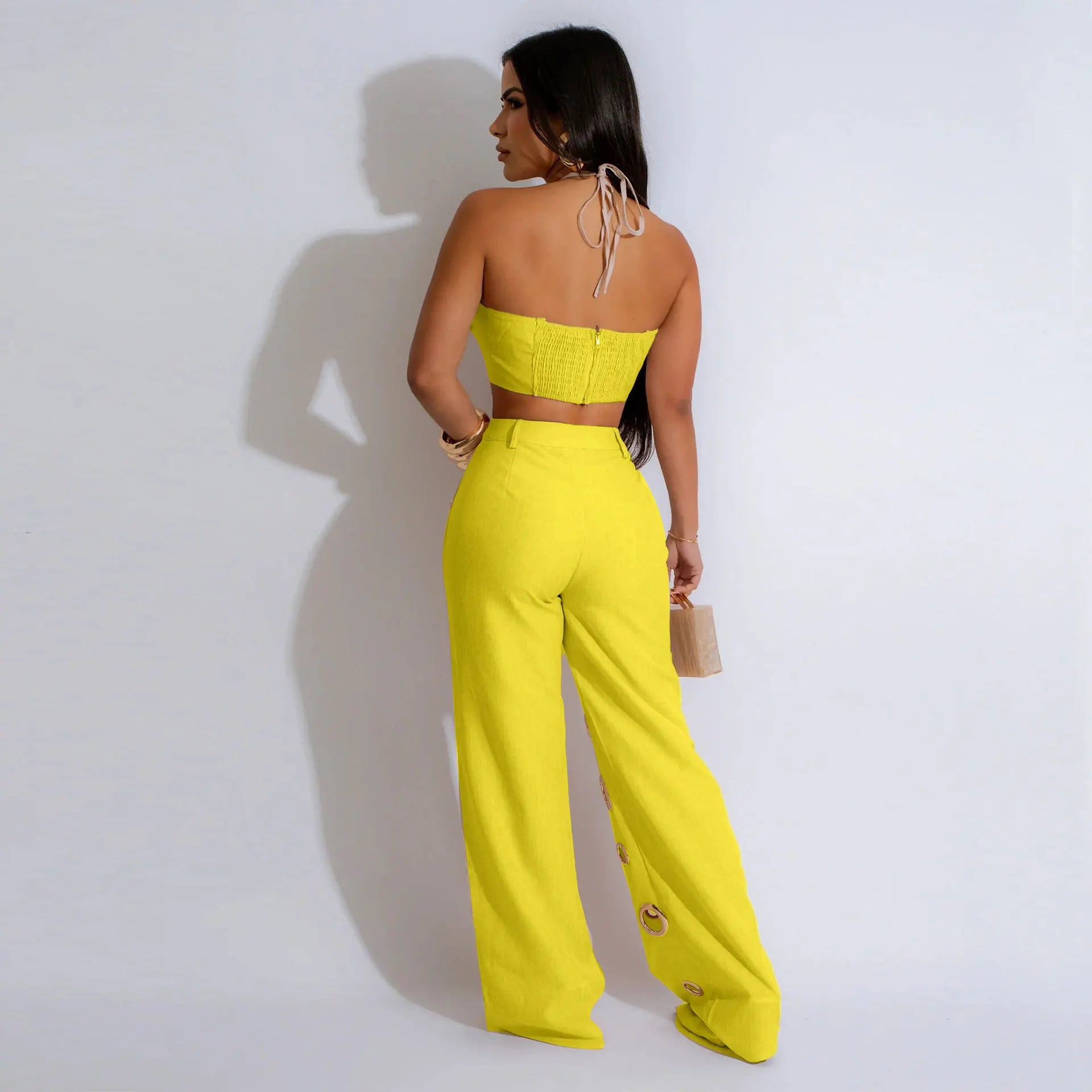 CM.YAYA-Conjunto de dos piezas para mujer, Top sin mangas y pantalones de pierna ancha, traje calado con agujeros, chándal de calle Sexy de verano