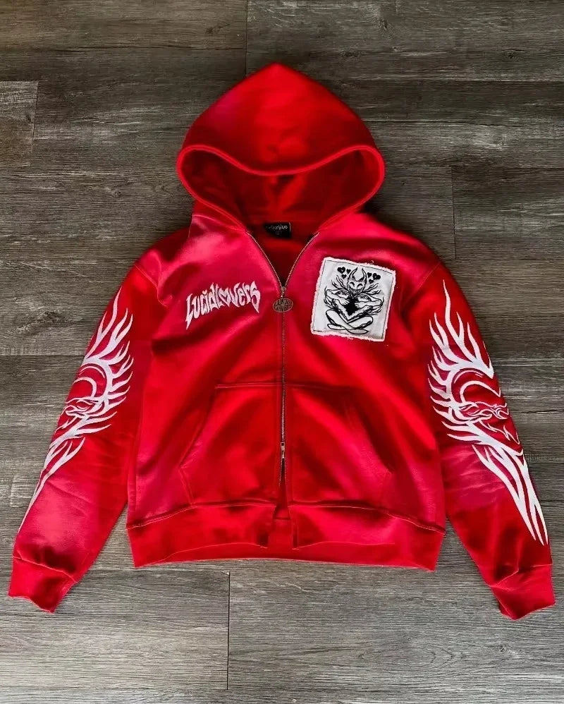 2025 nueva moda americana de gran tamaño con estampado de cuello de piel Sudadera con capucha para mujer Y2K Rock Dark Popular Casual Joker pareja sudadera Tops