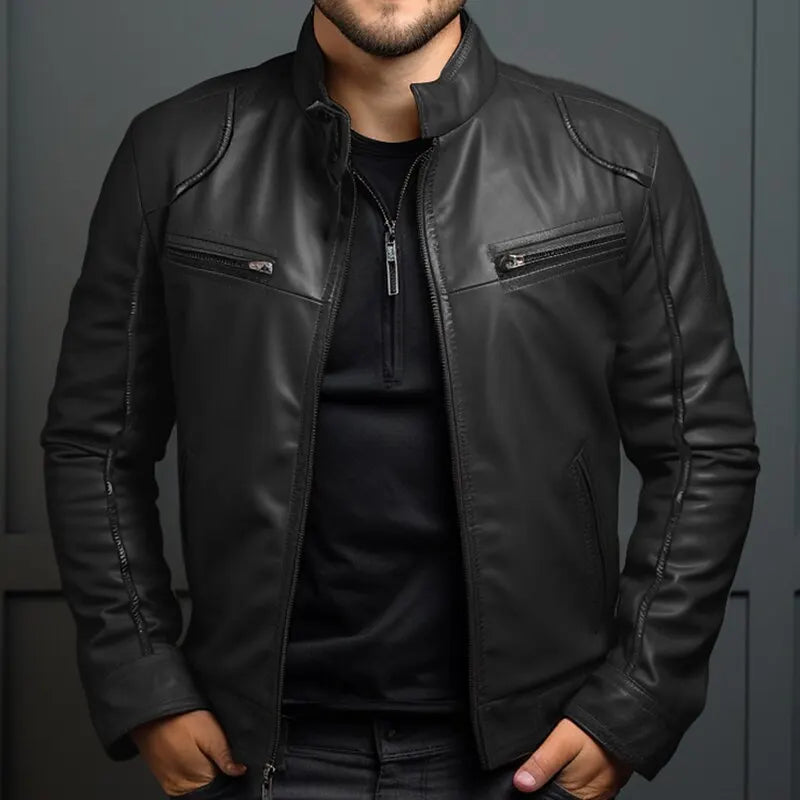 Chaqueta informal de cuero PU para hombre, estilo Punk, cuello con cremallera, multicremallera, ropa de calle de estilo motero más baja a la moda