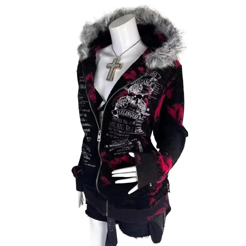 2025 nueva moda americana de gran tamaño con estampado de cuello de piel Sudadera con capucha para mujer Y2K Rock Dark Popular Casual Joker pareja sudadera Tops