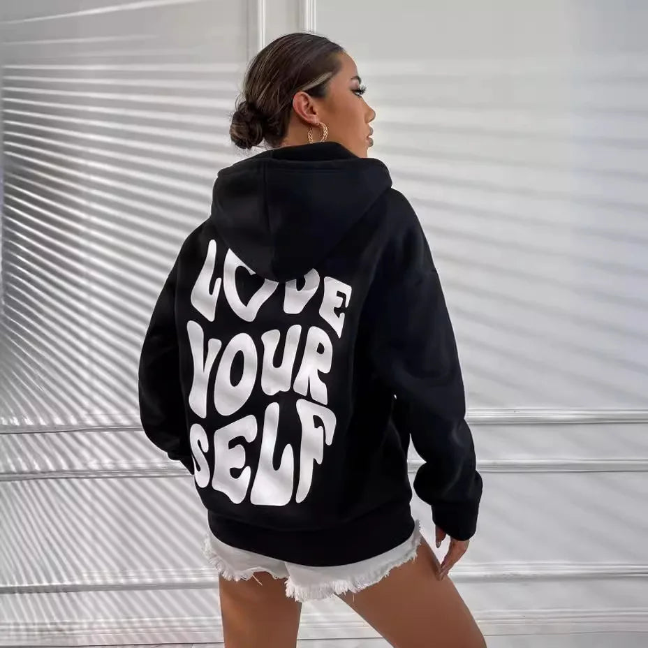 Sudadera con capucha de lana con hombros caídos para mujer con nueva letra trasera estampada