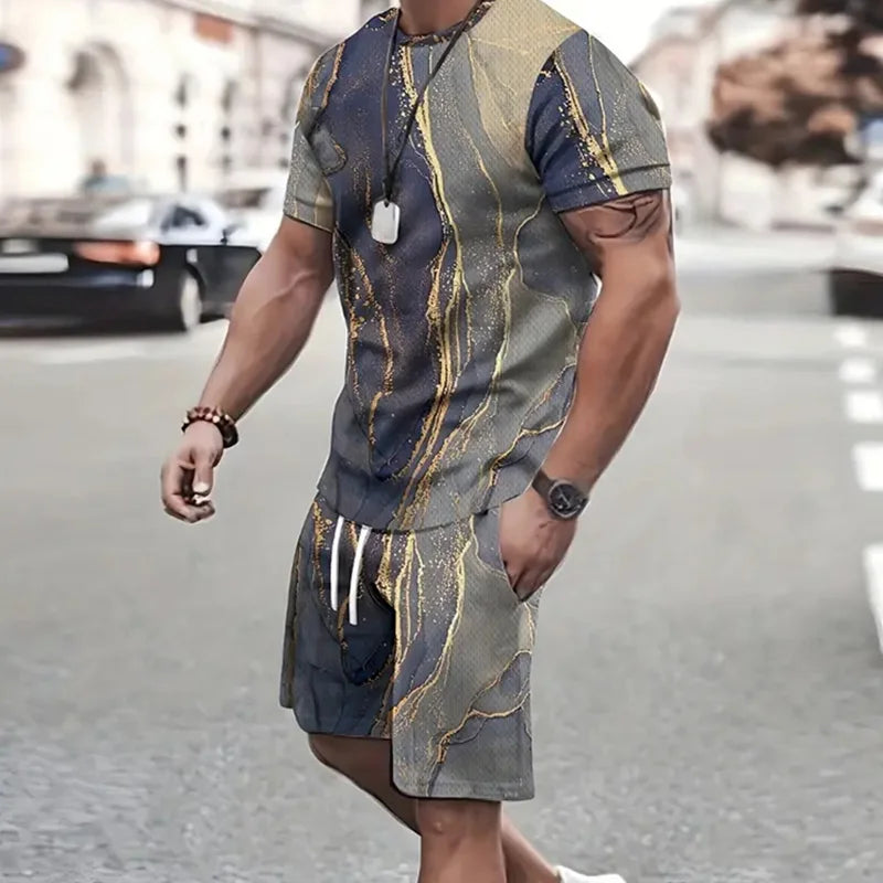 2024 de moda para hombre, ropa deportiva, camiseta de manga corta y pantalones cortos deportivos de verano, traje de retazos Vintage Casual, traje de dos piezas para hombre