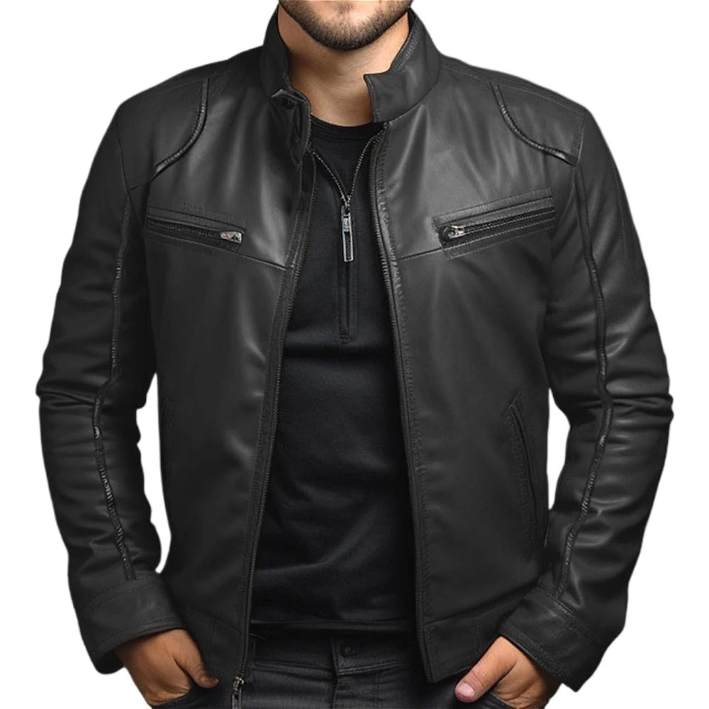 Chaqueta informal de cuero PU para hombre, estilo Punk, cuello con cremallera, multicremallera, ropa de calle de estilo motero más baja a la moda