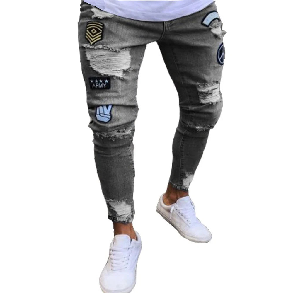 Pantalones Vaqueros Rasgados Hombre Bordado Blanco - Hip Hop