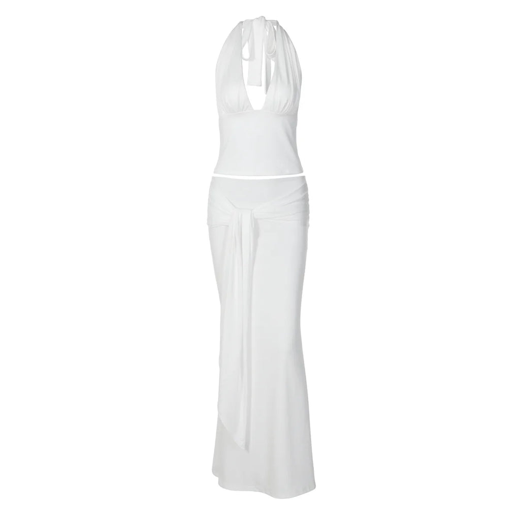 Conjunto de Vestido de 2 Piezas para Mujer Tuularose, Top Sexy con Cuello Halter y Falda con Tiras, Conjunto Elegante para Fiesta de Verano
