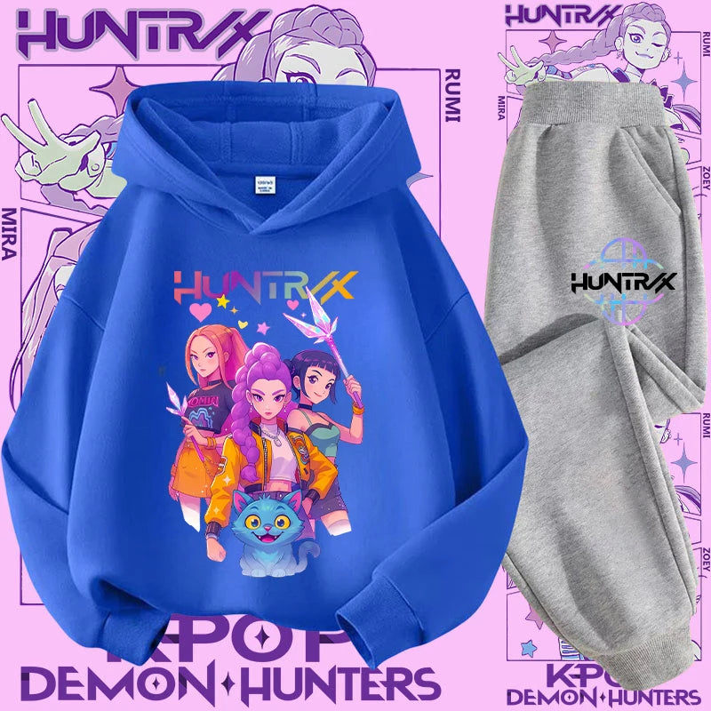 Ropa deportiva para niñas de 2 a 12 años, conjunto de 2 piezas, Top informal bonito, K-pop Demon Hunter, conjunto de camisa con capucha estampada, traje de pantalón, chándal
