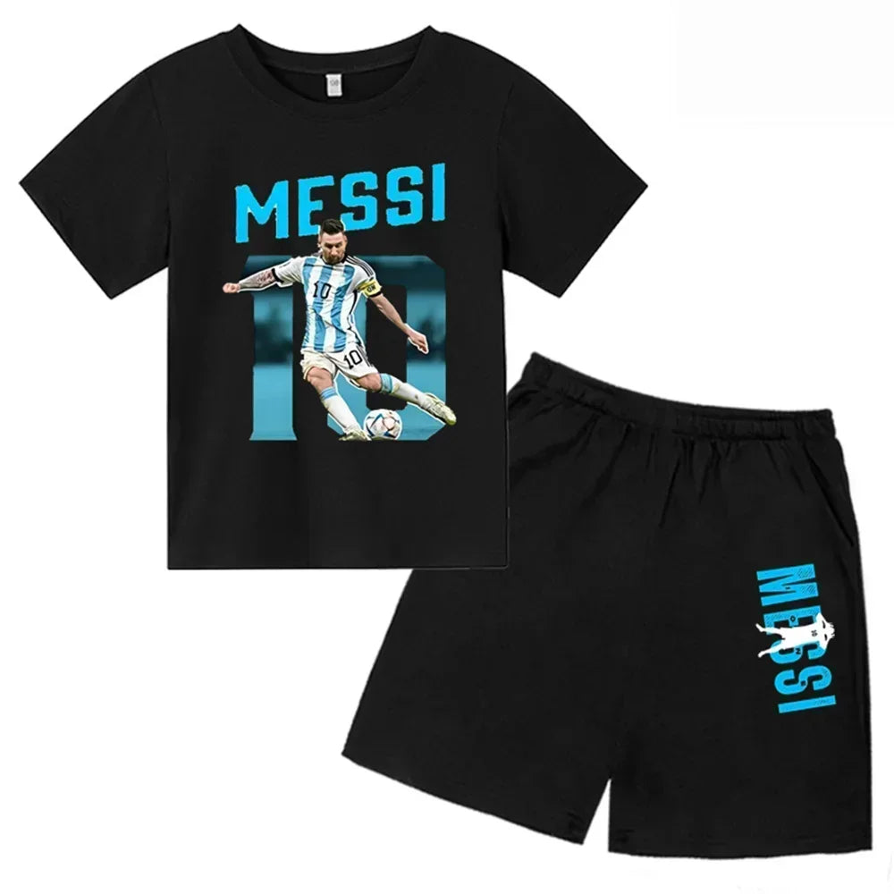 Conjunto de verano para niños, camiseta de manga corta con estampado Messi + Pantalones cortos, conjunto de 2 uds., traje deportivo informal a la moda para niños y niñas, ropa para fanáticos