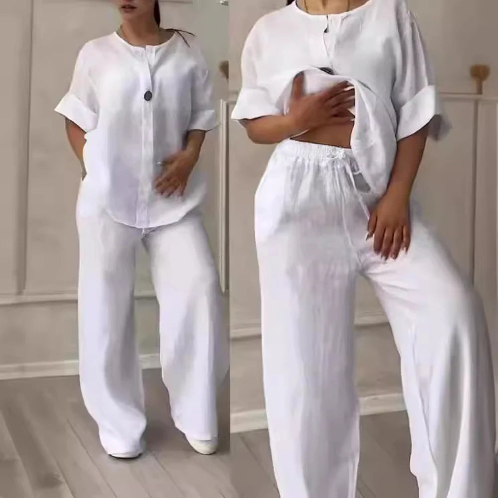 Conjuntos de lino y algodón, dos piezas, venta informal, manga larga, blusa holgada con botones, camisa y pantalones sueltos de pierna ancha de alta elasticidad, trajes NMD-3021