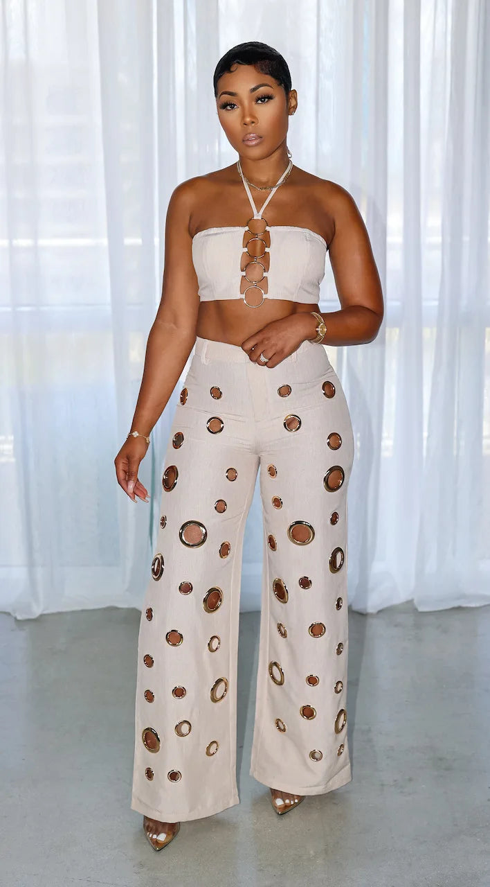 CM.YAYA-Conjunto de dos piezas para mujer, Top sin mangas y pantalones de pierna ancha, traje calado con agujeros, chándal de calle Sexy de verano