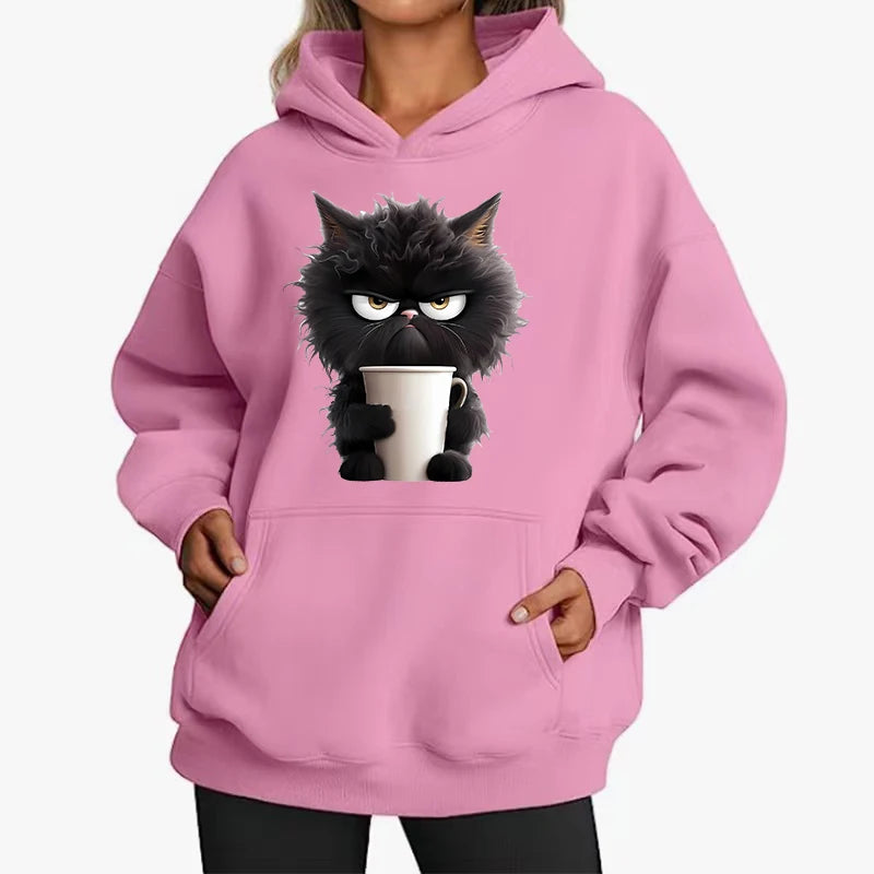 Divertido gato nueva moda sudaderas con capucha para mujer primavera Otoño Invierno Casual sudaderas con capucha Tops Color sólido Sudadera con capucha Mujer