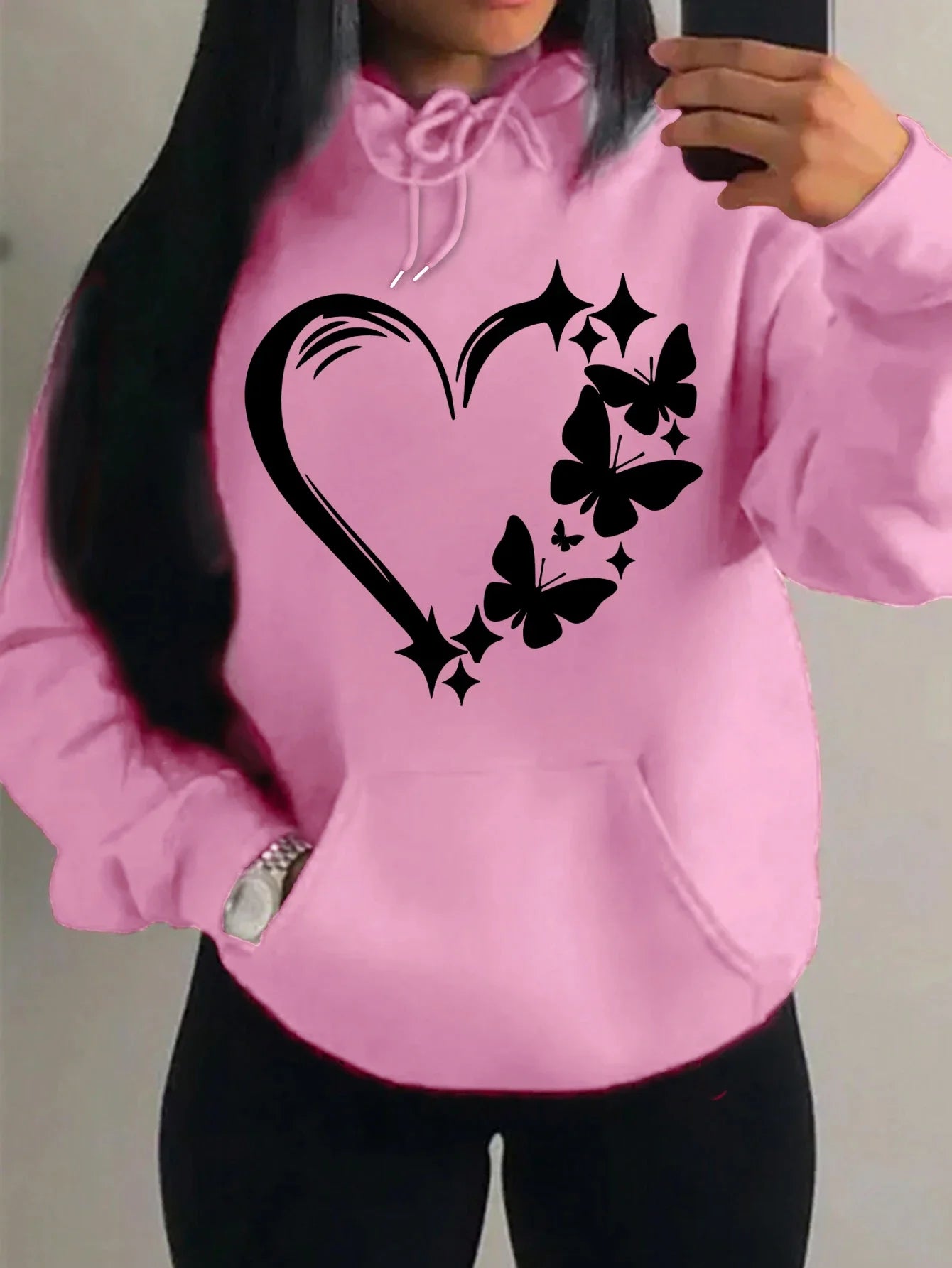 Sudadera con capucha con estampado de amor y mariposa para mujer, moda urbana de Hip Hop, ropa de bolsillo, Sudadera con capucha Retro multicolor