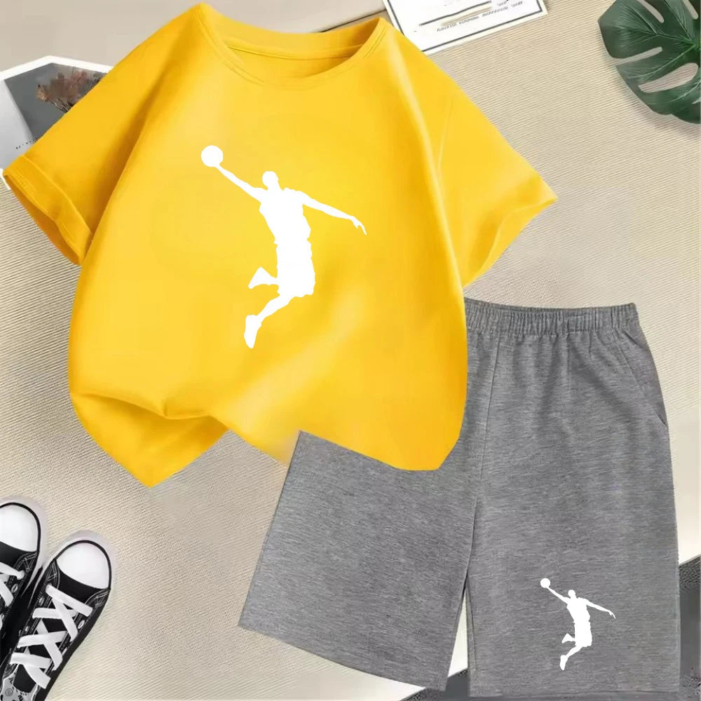 Conjunto de camiseta de manga corta de verano para niños, moda deportiva, pantalones cortos para niños y niñas, conjunto informal de 2 uds con estampado de gráficos de marca, conjunto para chico