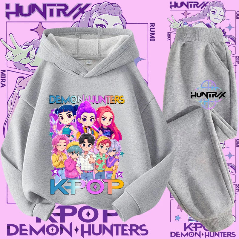 Ropa deportiva para niñas de 2 a 12 años, conjunto de 2 piezas, Top informal bonito, K-pop Demon Hunter, conjunto de camisa con capucha estampada, traje de pantalón, chándal