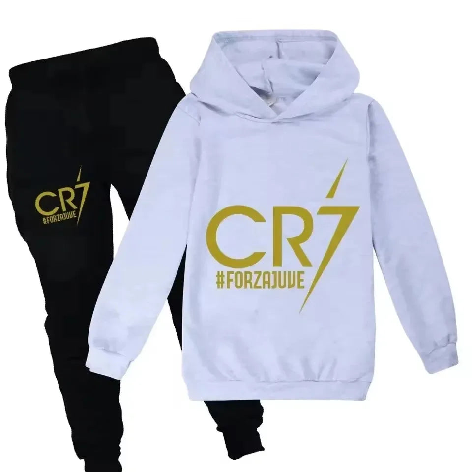 Conjunto de Sudadera con Capucha y Pantalones con Estampado de Fútbol CR7 para Niños de 3 a 12 Años, Primavera-Otoño, 2 Piezas, Conjunto Infantil, Trajes de Pantalones, Ropa para Niños