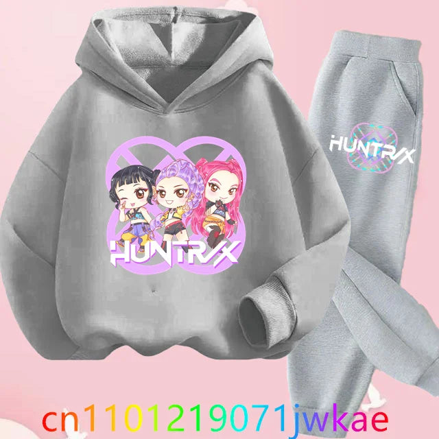 Conjuntos de sudaderas con capucha y pantalones de cazadores de demonios para adolescentes, Sudadera con capucha de película de Anime coreano para niños y niñas, trajes deportivos con capucha de manga larga a la moda