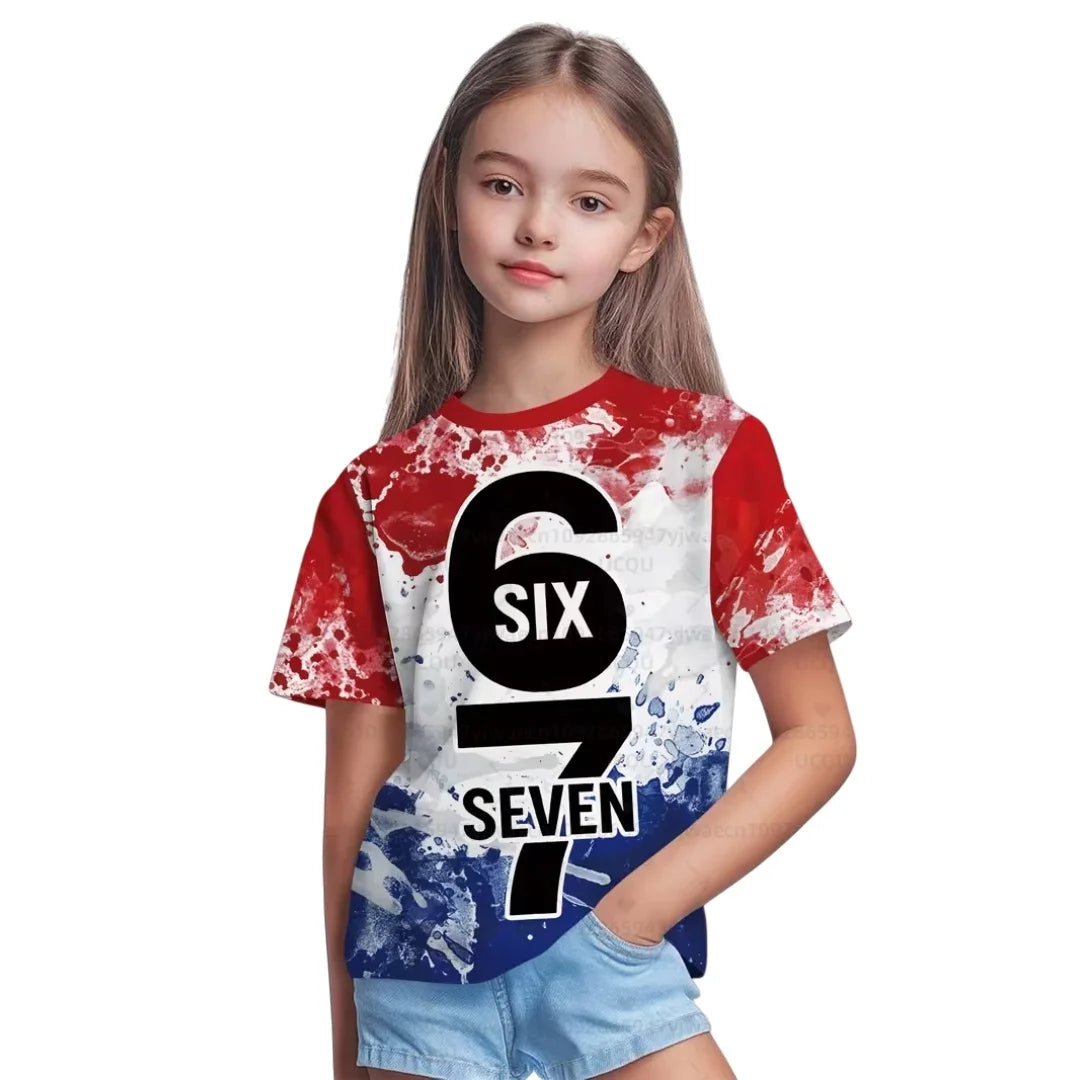 Nueva camiseta 67 Meme para niños y niñas, camisetas de manga corta con estampado 3D de tinta salpicada a la moda para niñas, Top de cuello redondo, ropa holgada para niños