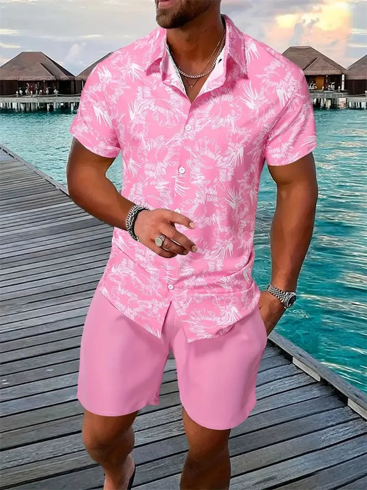 Conjunto Hombre Verano Playa Hawaiano Oversize – Camisa Manga Corta + Shorts Estampado 3D (2 Piezas)