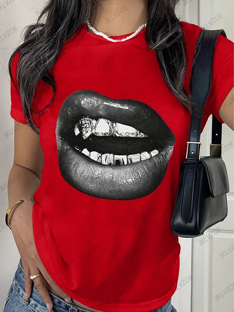 Camisetas deportivas de verano con estampado de labios, ropa femenina, camisetas de manga corta con cuello redondo, camisetas divertidas para mujer, camisetas Vintage Unisex