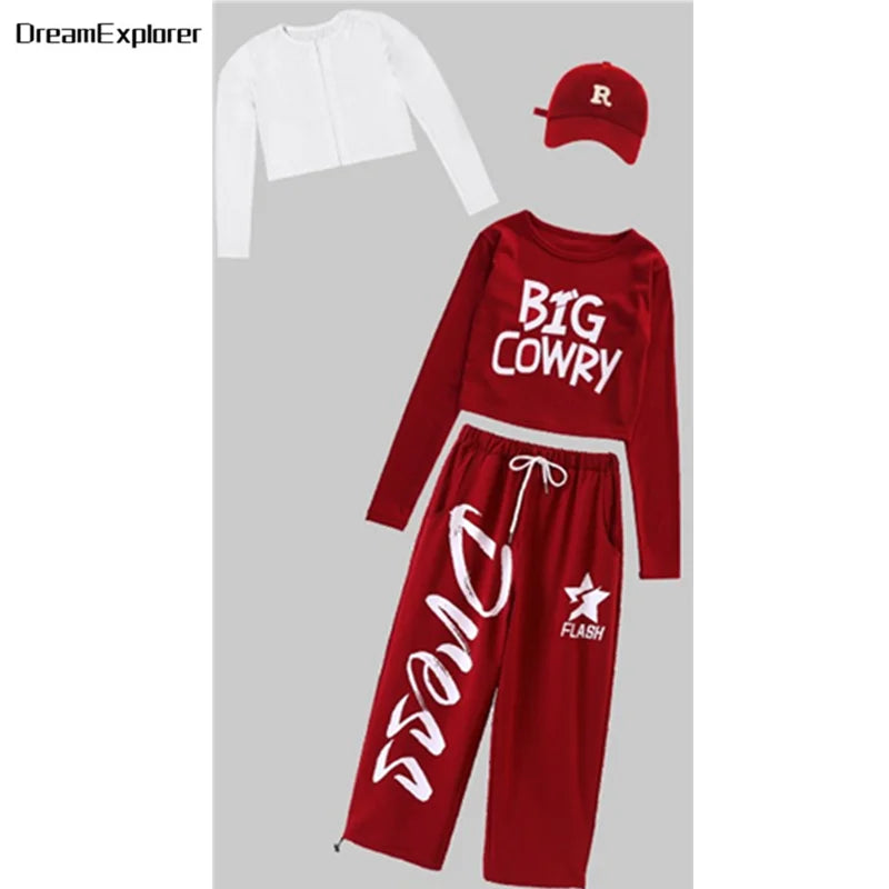 Top corto k-pop para niñas, pantalones deportivos con letras a la moda, conjuntos de ropa de grupo para niñas, ropa informal estilo Hip Hop, disfraces de Jazz para niños