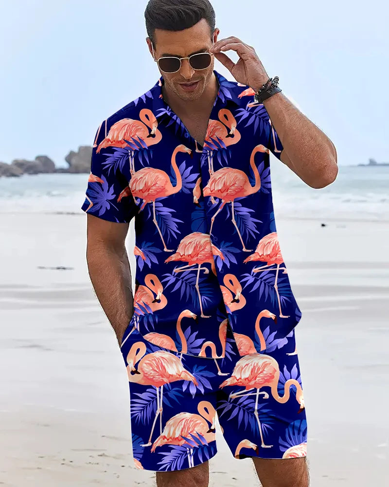 2025 Camisas con estampado de flamencos en 3D para hombre, pantalones cortos hawaianos de manga corta para vacaciones en la playa, conjuntos de moda de tendencia Hip Hop de verano de 2 piezas para hombre