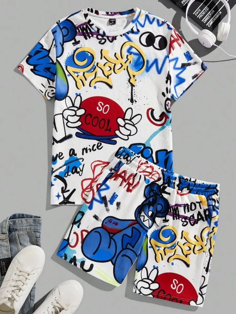 2025 nuevo conjunto de pantalones cortos de manga corta para hombre de verano, pantalones cortos de playa al aire libre para hombre, conjunto de 2 piezas, estampado 3D