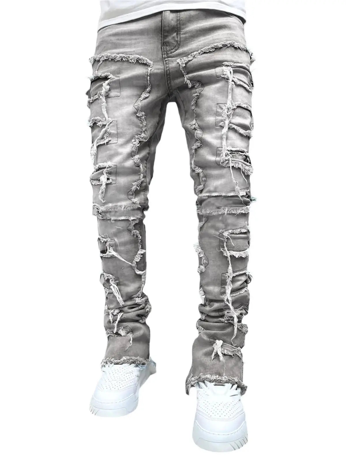 Nuevos pantalones vaqueros de moda para hombre, pantalones de trabajo, ropa de trabajo de moda europea y americana, pantalones acampanados en capas de mezclilla con retales elásticos, S-XXL