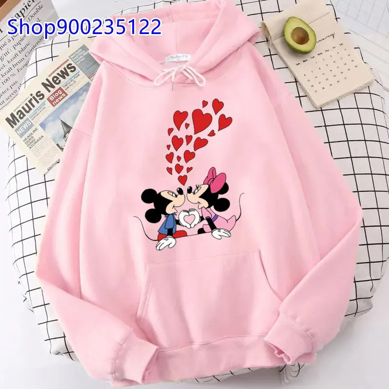 Sudadera con Capucha Estilo Harajuku para Mujer, Ropa Oversize con Estampado de Mickey y Minnie, Sudadera Hip Hop, Sudadera con Capucha con Corazón de San Valentín, Regalos