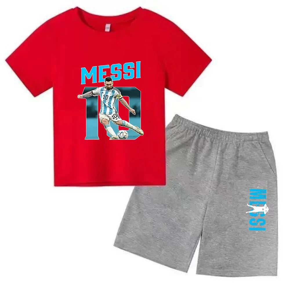 Conjunto de verano para niños, camiseta de manga corta con estampado Messi + Pantalones cortos, conjunto de 2 uds., traje deportivo informal a la moda para niños y niñas, ropa para fanáticos