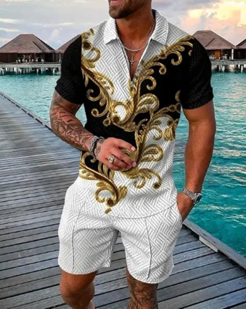 Novedad de verano, chándal para hombre con estampado 3D, Polo de manga corta con cremallera, conjunto de pantalones cortos para hombre, ropa de calle informal, traje de 2 piezas