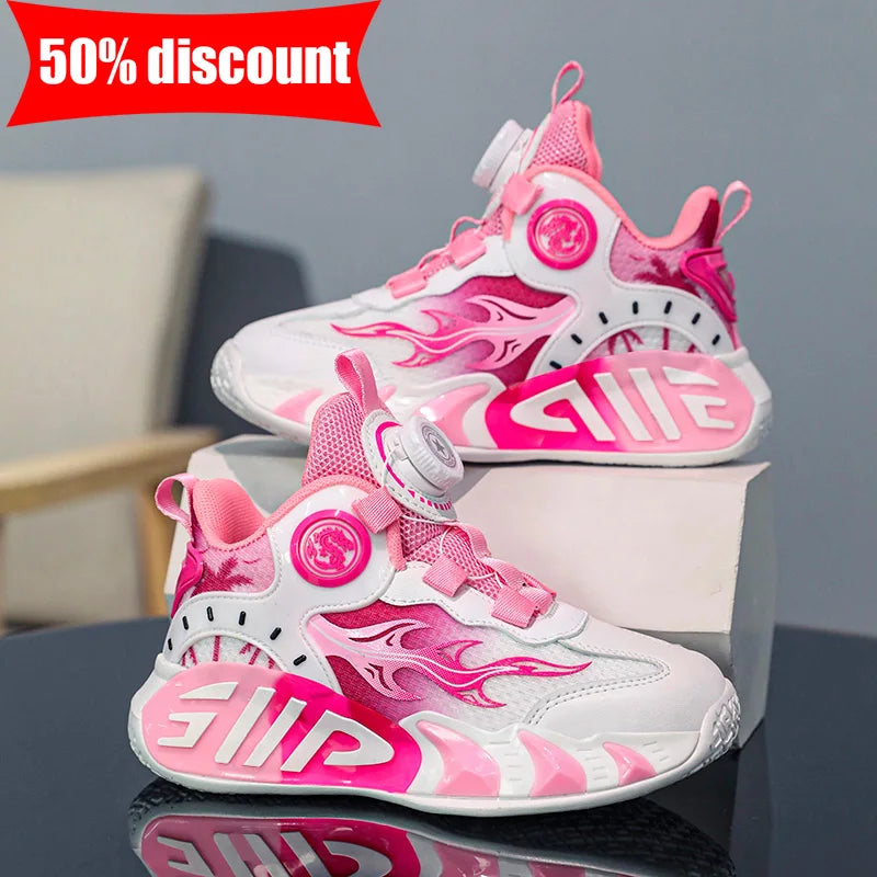 Zapatos Deportivos para Niños, Nuevos Zapatos de Baloncesto con Hebilla de Perilla, Antideslizantes, Resistentes al Desgaste, Transpirables, de Malla Deportiva, para Caminar