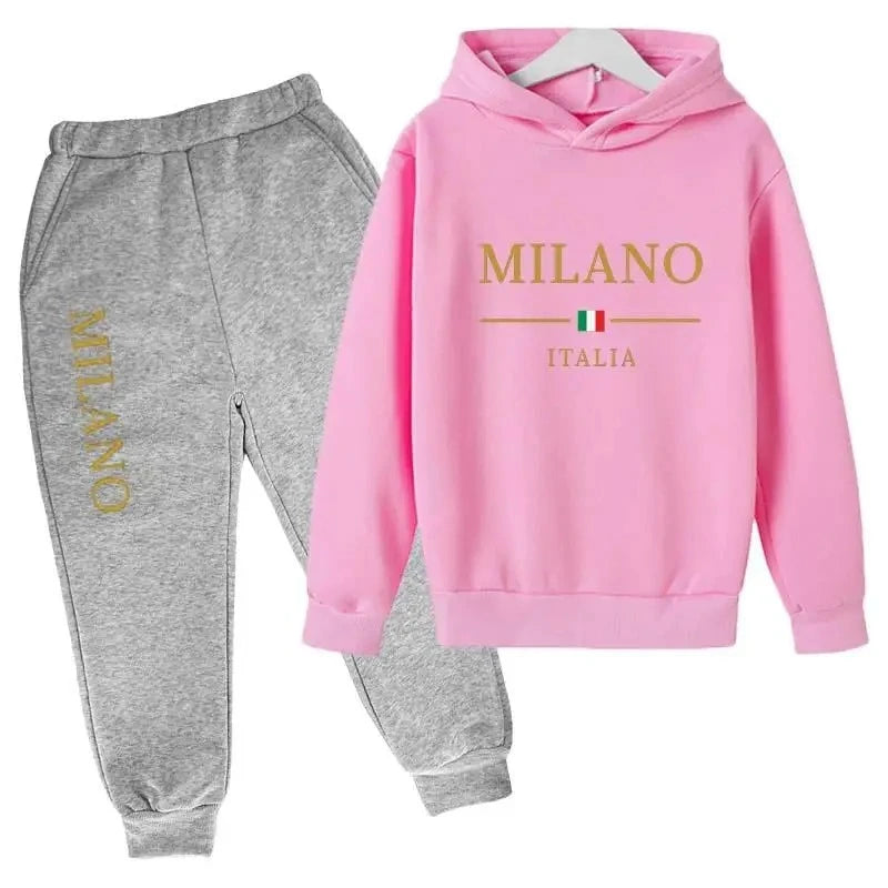 Sudadera con capucha y pantalones con estampado de letras de marca de moda, conjunto deportivo de 2 piezas para niños y niñas, ropa informal, conjunto infantil