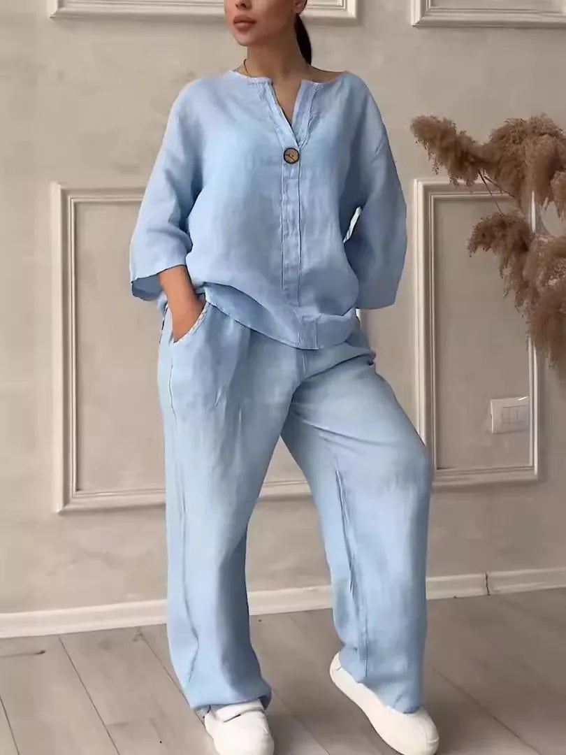 Conjuntos de lino y algodón, dos piezas, venta informal, manga larga, blusa holgada con botones, camisa y pantalones sueltos de pierna ancha de alta elasticidad, trajes NMD-3021