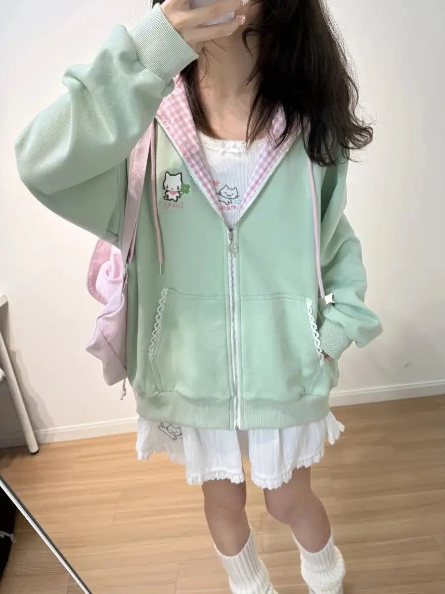 Sudadera Kawaii japonesa de manga larga para mujer, sudaderas informales con subcultura, abrigo con estampado de remaches, ropa elegante de estilo dulce y bonito para mujer