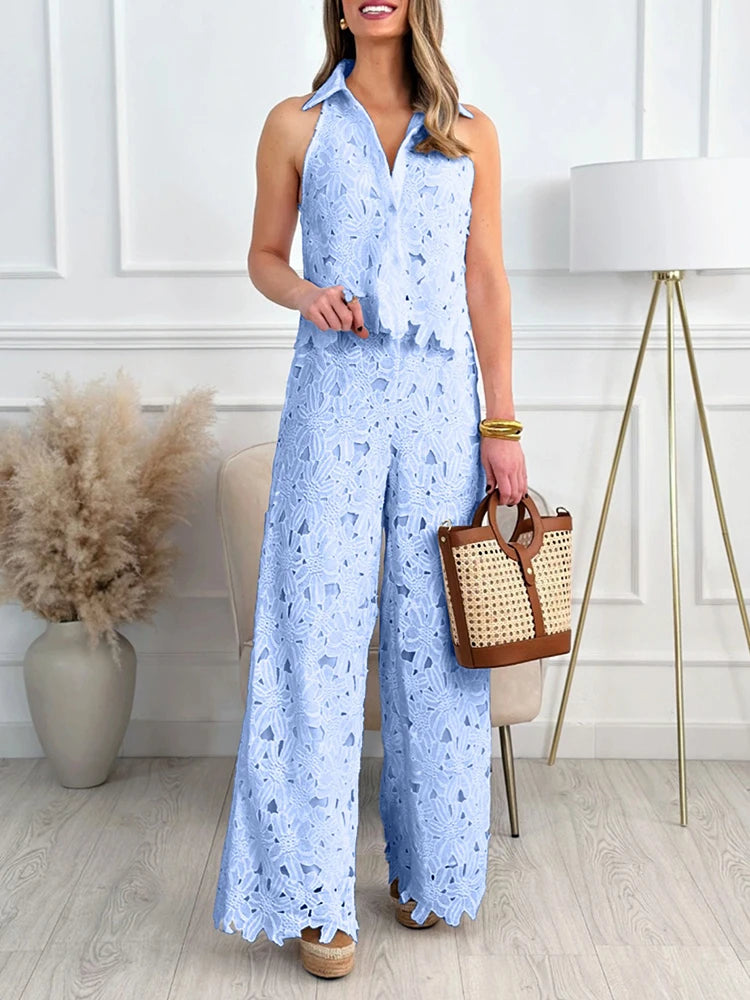 Conjunto de verano para mujer, camisa calada, pantalones, conjunto de tela de encaje, chaleco informal sin mangas, conjunto de pantalones de dos piezas, venta al por mayor, triangulación de envíos
