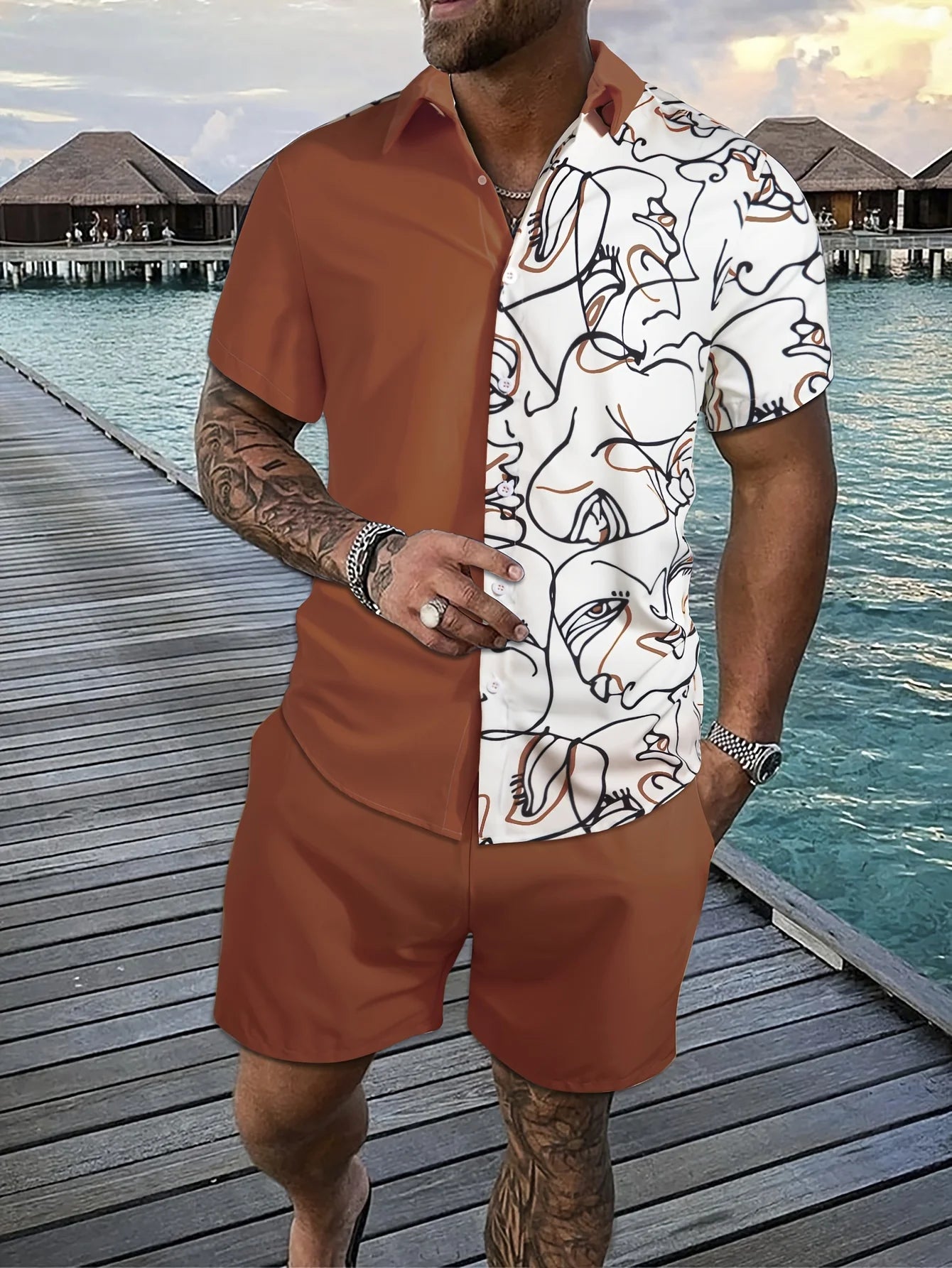 Conjunto Hawaiano Hombre – Camisa Manga Corta y Pantalón Corto de Playa