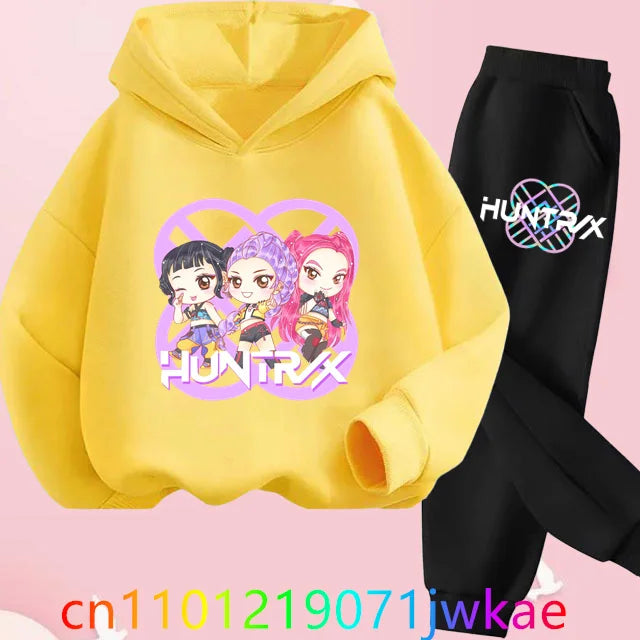 Conjuntos de sudaderas con capucha y pantalones de cazadores de demonios para adolescentes, Sudadera con capucha de película de Anime coreano para niños y niñas, trajes deportivos con capucha de manga larga a la moda