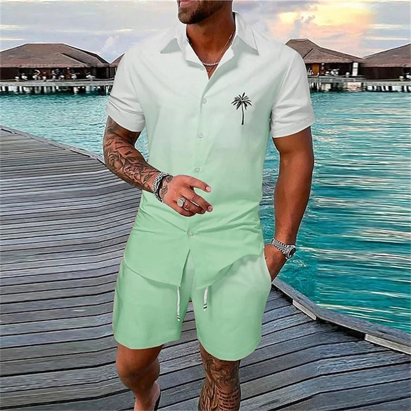 Camisa de manga corta de estilo de vacaciones de playa, conjunto de 2 piezas con estampado de árbol de coco de verano, camisa de un solo botonadura y pantalones cortos con cordón