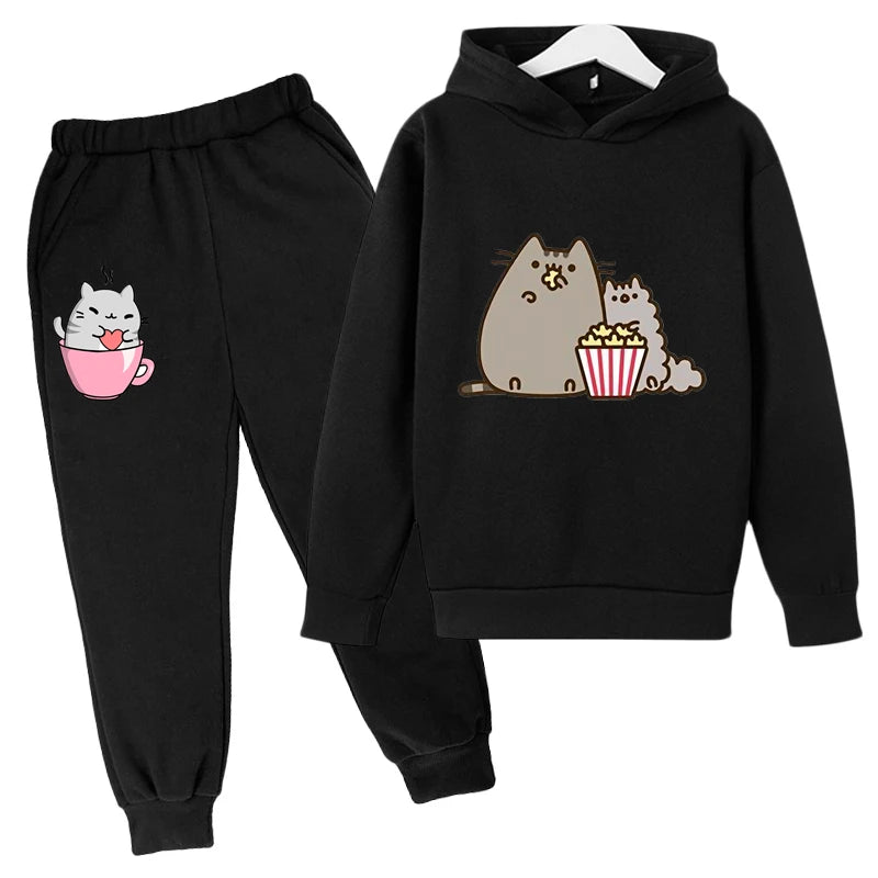 Sudadera con capucha con estampado de gato de Nutella para niños, ropa divertida para niñas y niños, conjuntos de ropa Harajuku Kawaii para niños, Invierno