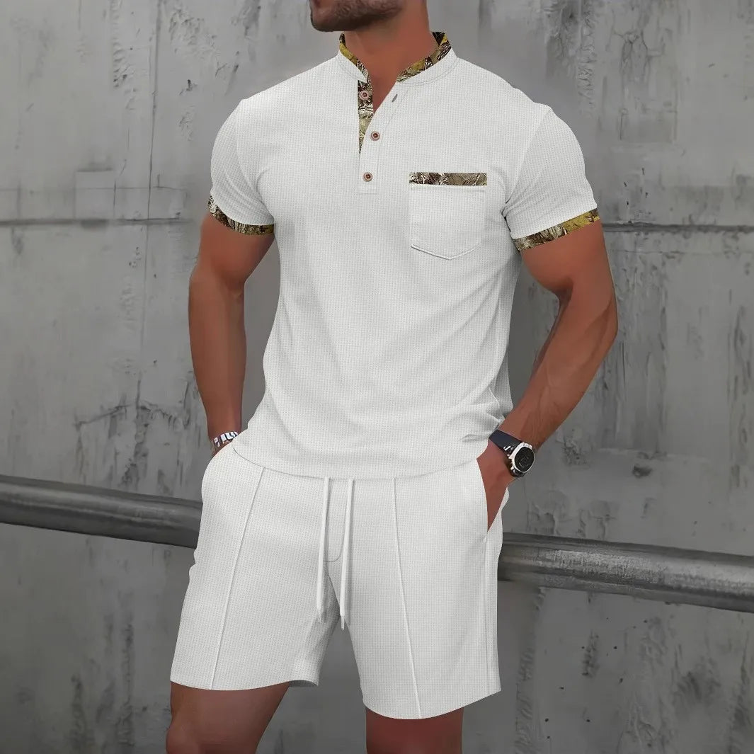Conjunto de Dos Piezas para Hombre, Verano 2026, Estilo Europeo y Estadounidense, Color Liso, Cierre de Cremallera, Solapa, Manga Corta, Pantalones Cortos