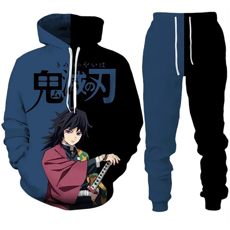 Sudaderas con capucha de Anime Demon Slayer, pantalones de Cosplay con estampado 3D + Sudadera con capucha, conjunto de 2 uds, chándal para hombre, ropa de calle Vintage de gran tamaño, conjuntos de pantalones con capucha